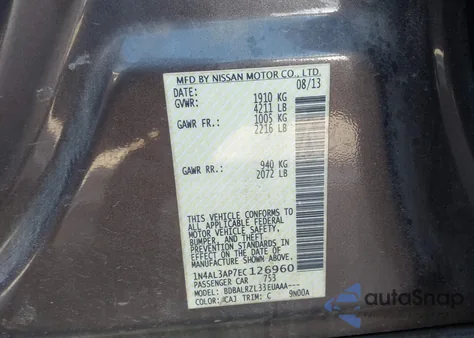 2014 Nissan Altima 2.5 S z USA, uszkodzony, nr VIN 1N4AL3AP7EC126960